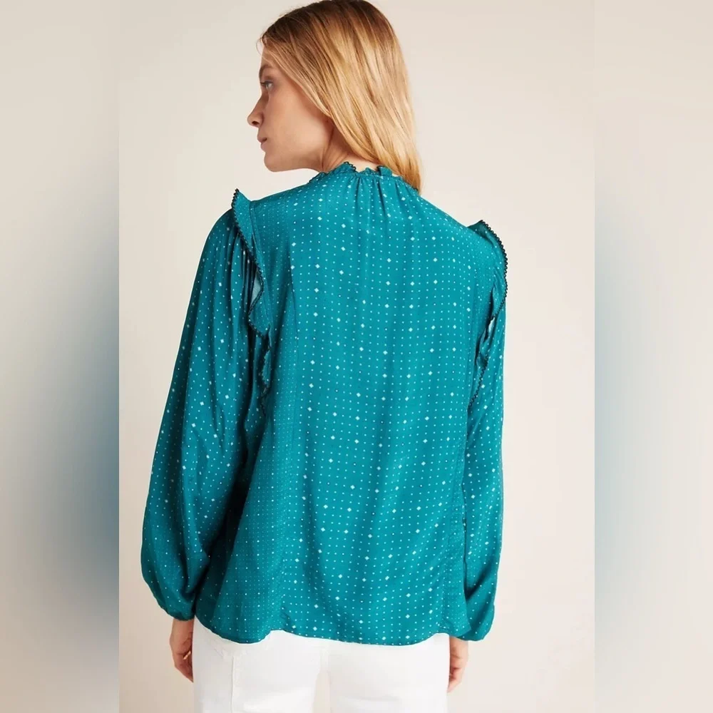 ANTHROPOLOGIE | DOLAN COLLECTION LUCILLE EMBROIDERY RUFFLE PRINTED BLOUSE LARGE - Picture 3 of 9